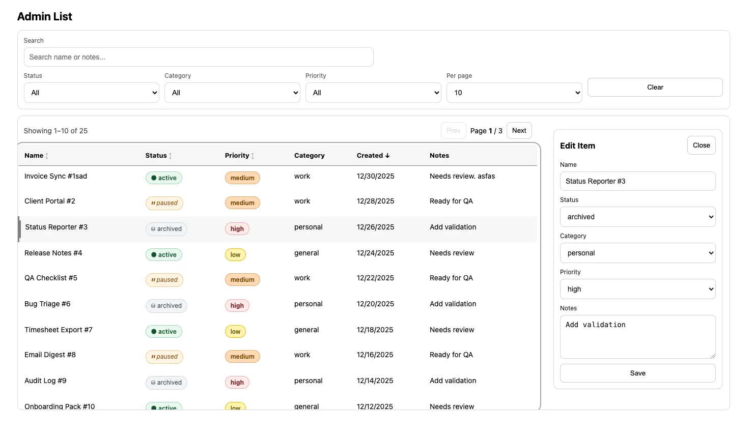 Admin List dashboard